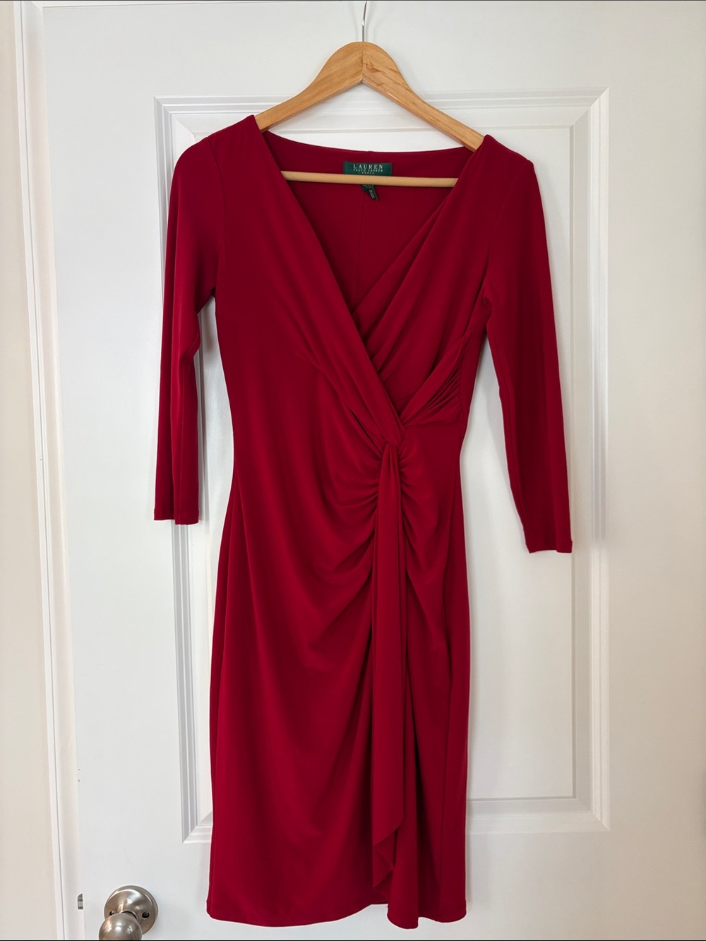 Lauren Ralph Lauren Red Long-Sleeve Knot-Front Wrap Dress